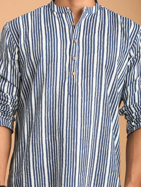 Men's White And Blue Striped Cotton Kurta